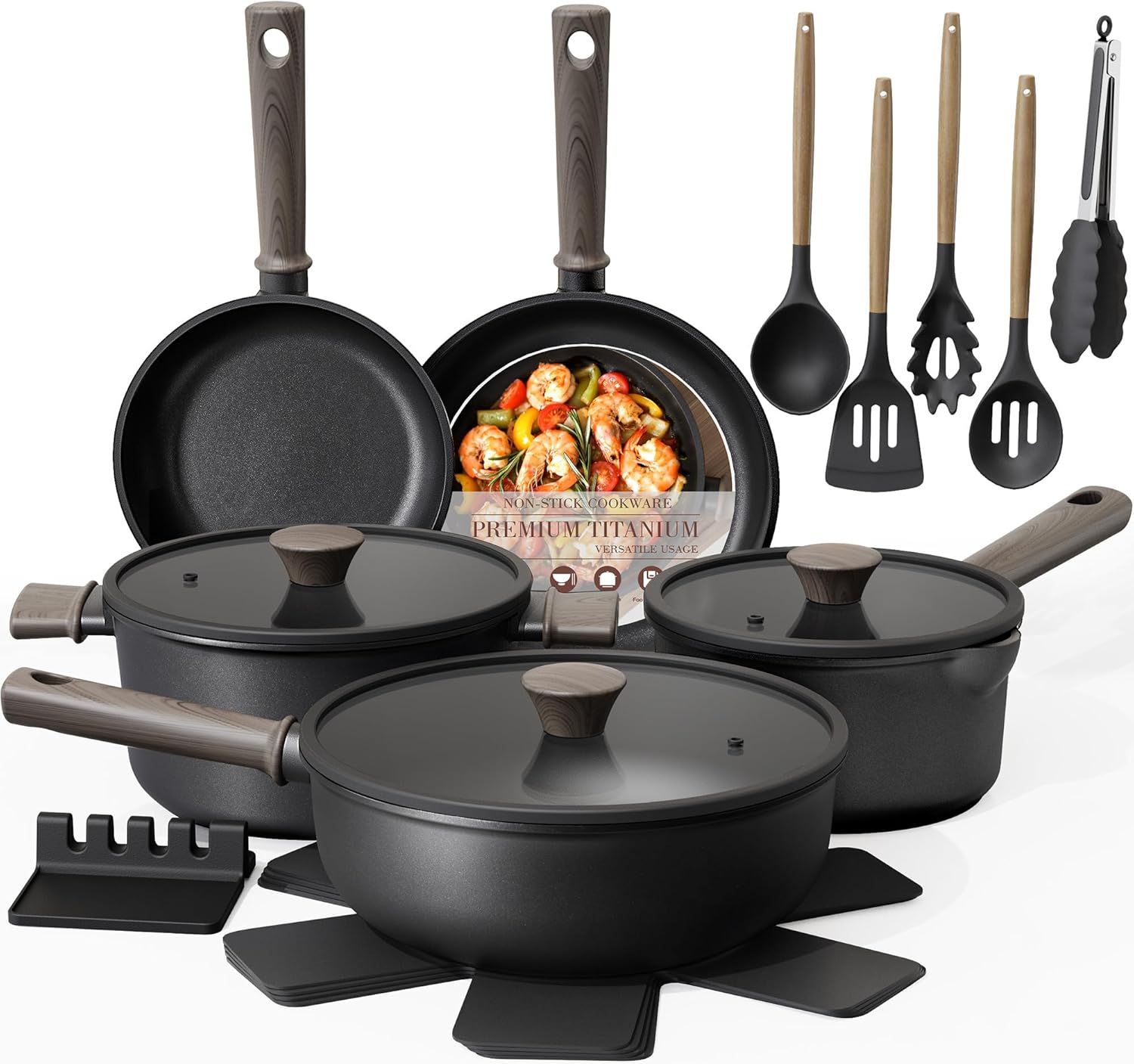 Astercook 19 Pcs Pots and Pans Set Non Stick, Black Titanium Induction Kitchen Cookware Sets