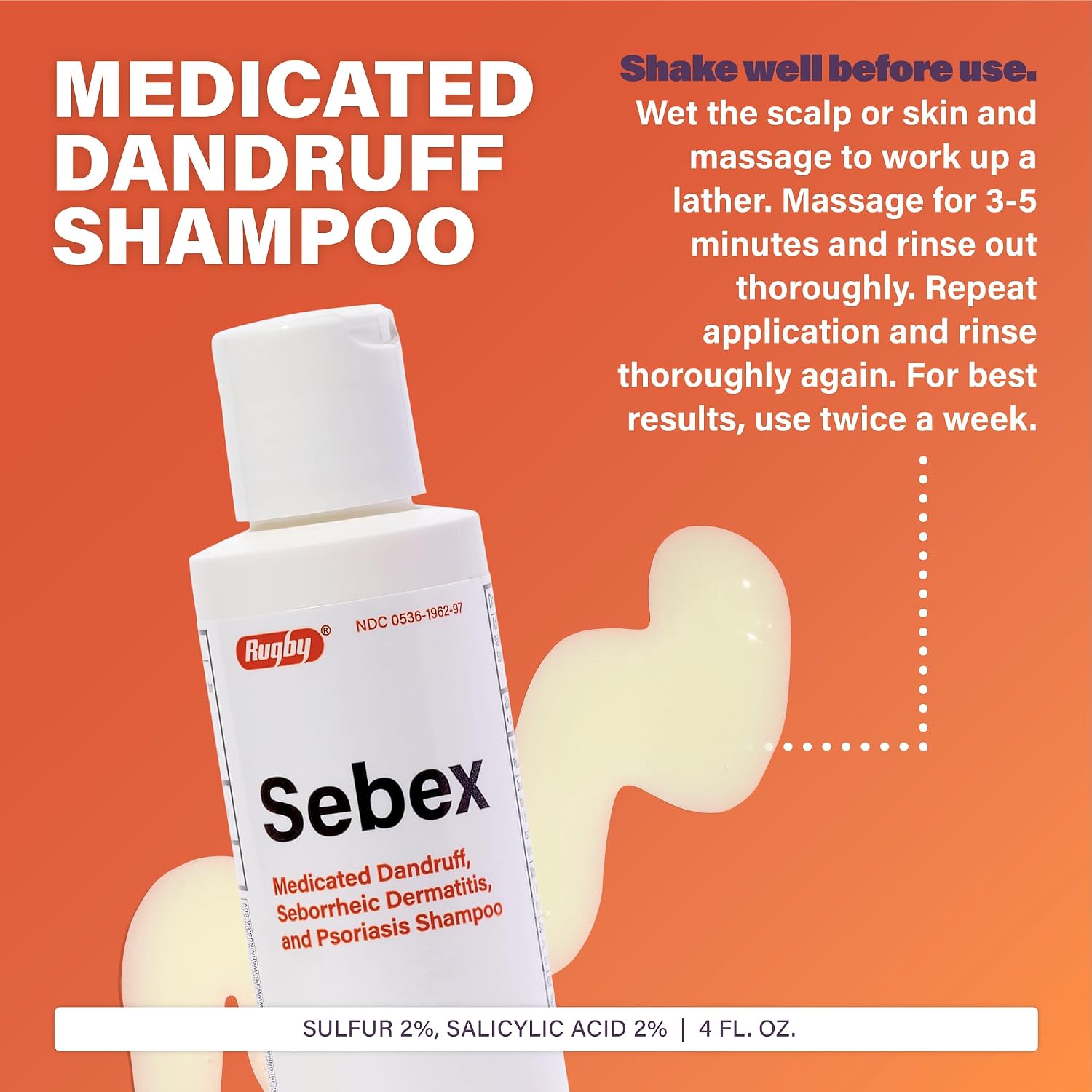 Rugby Sebex Medicated Dandruff Shampoo for Women and Men - 2% Sulfur and 2% Salicylic Acid Anti-Dandruff Shampoo - Helps With Symptoms of Seborrheic Dermatitis and Psoriasis - 4 Oz. (1 Pack)