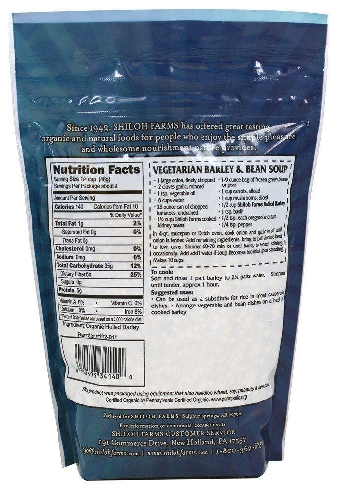 Organic Hulled Barley Grain from Shiloh Farms - 15 oz Pouch | Organic pantry staple for baking, cooking