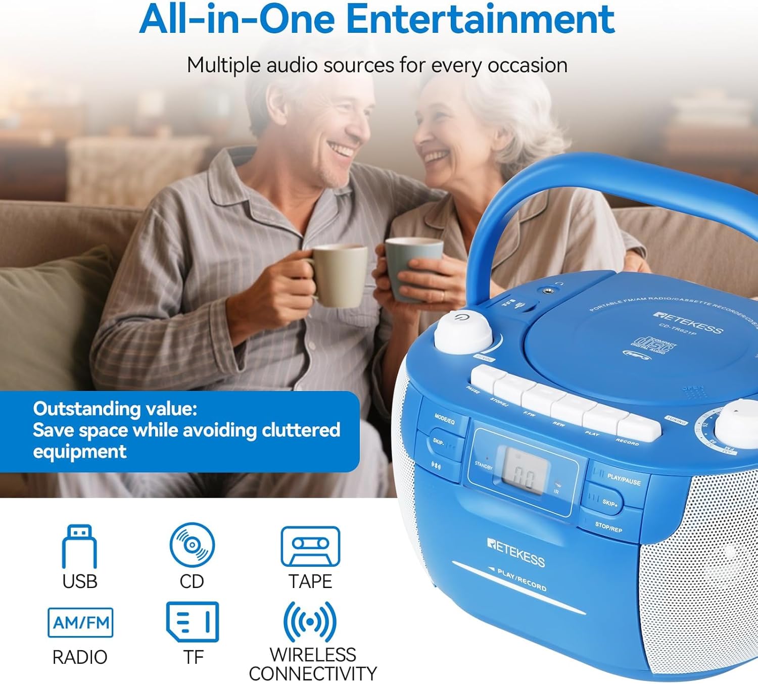 Retekess TR621 CD and Cassette Player Combo, Boombox CD Player(White)