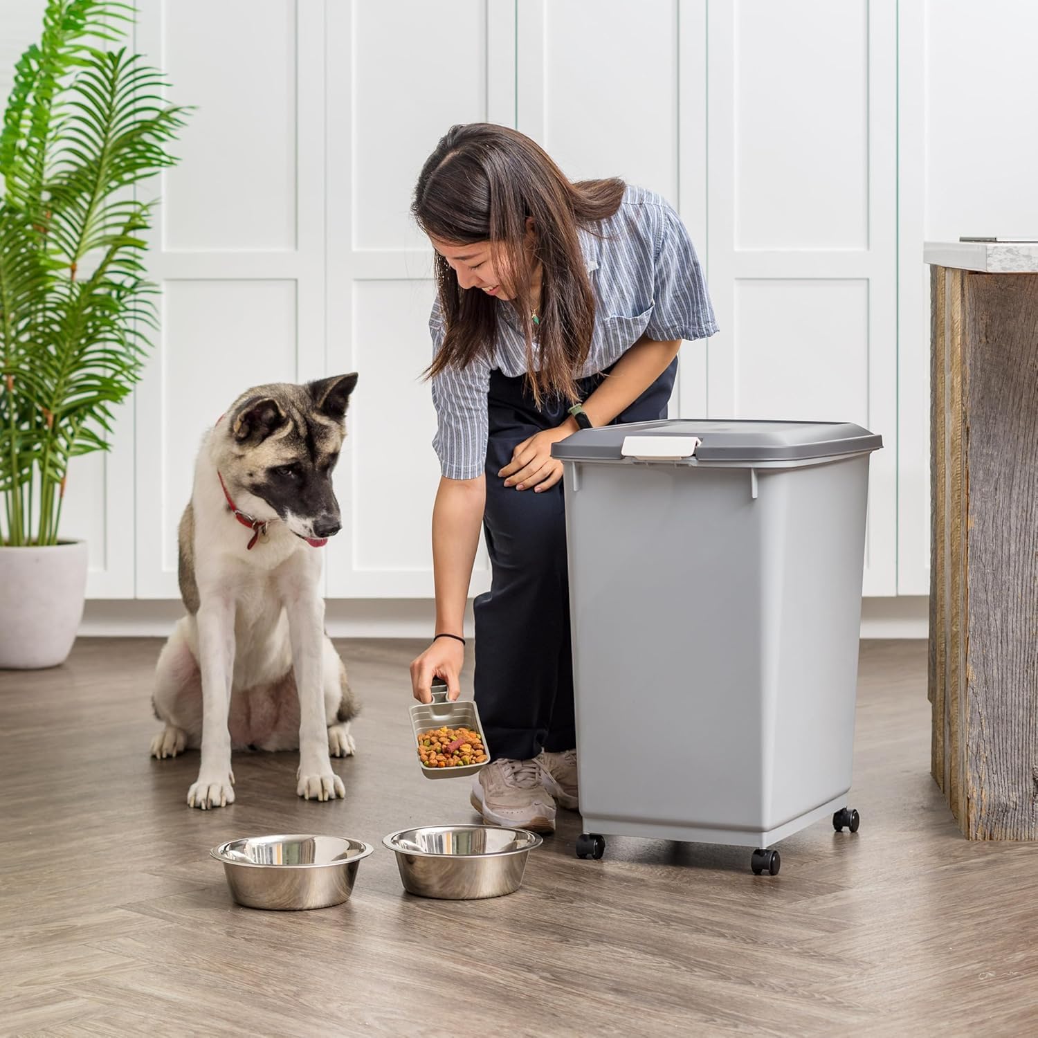 IRIS USA Dog Food Storage Container, Up to 30 lbs, Navy/Pearl, Made in USA | Wheels for Mobility, Airtight Seal, BPA-Free, Best for Bird Seed, Cat food, Cat Litter, Chicken Feed, Pellets