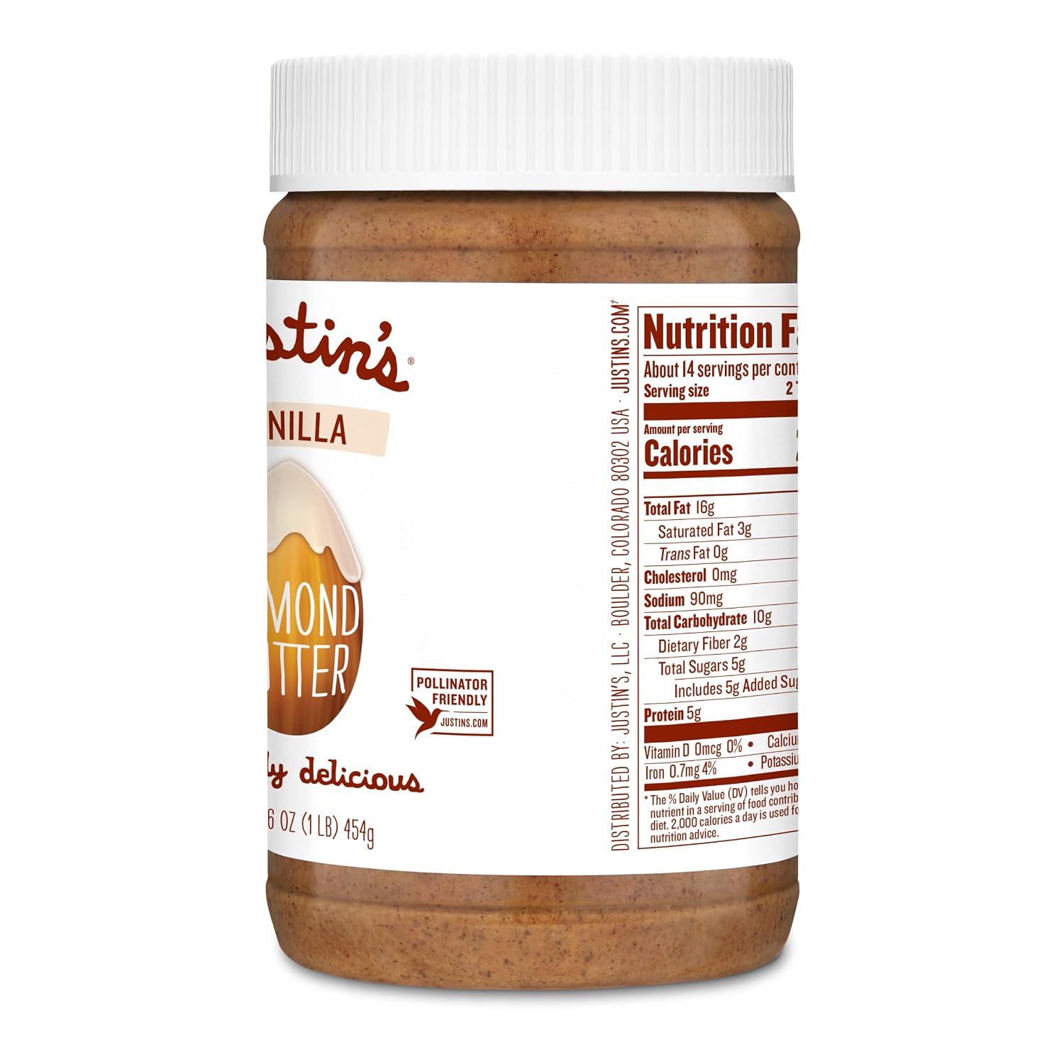 Justin's Vanilla Almond Butter, Gluten-free, Non-GMO, Vegan, Sustainably Sourced, 16 Ounce Jar
