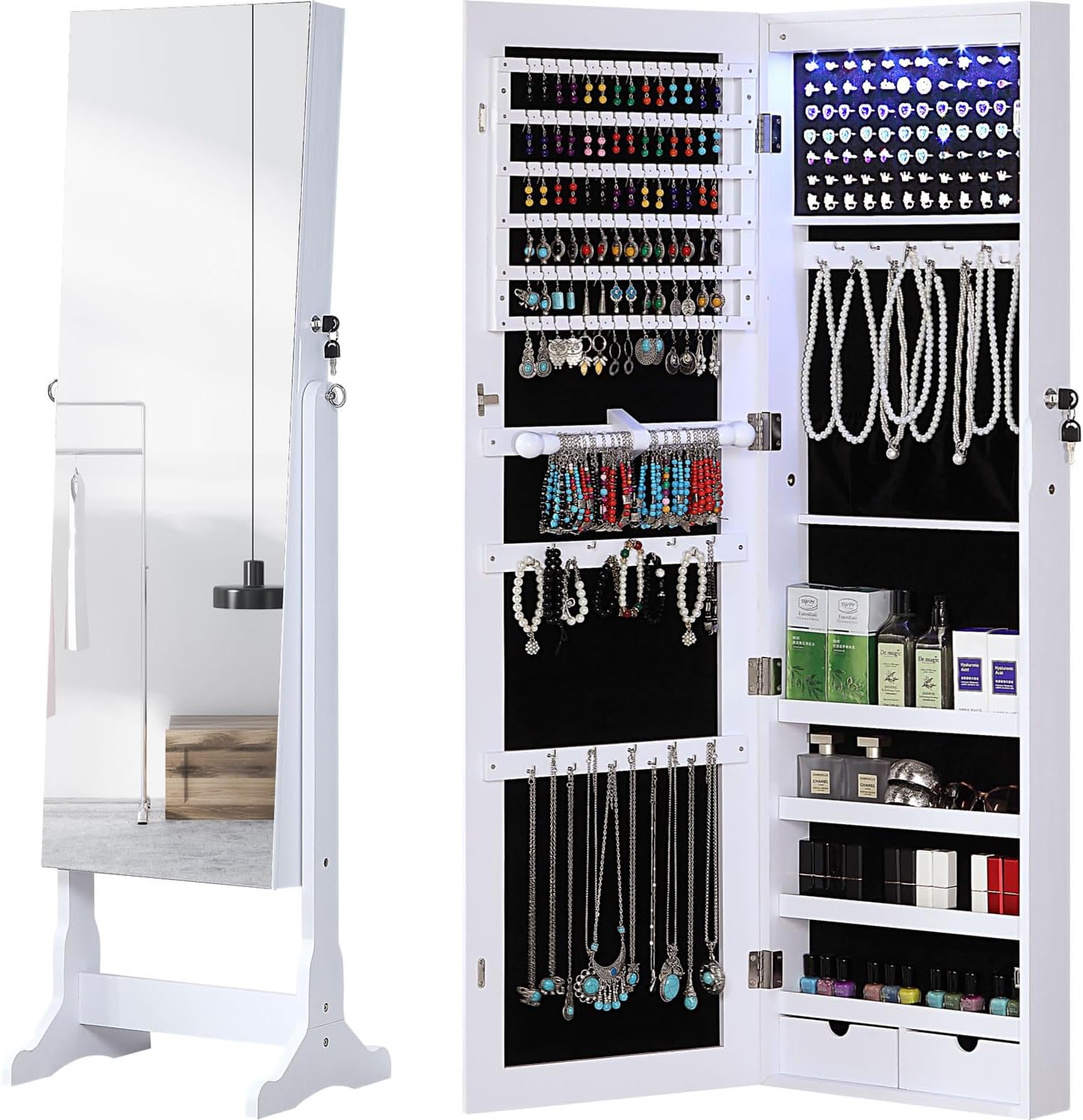 GISSAR Jewelry Organizer Full Length Mirror Jewelry Cabinet Standing/Wall/Hanging Door Jewelry Armoire Storage with Lights, Lockable, White