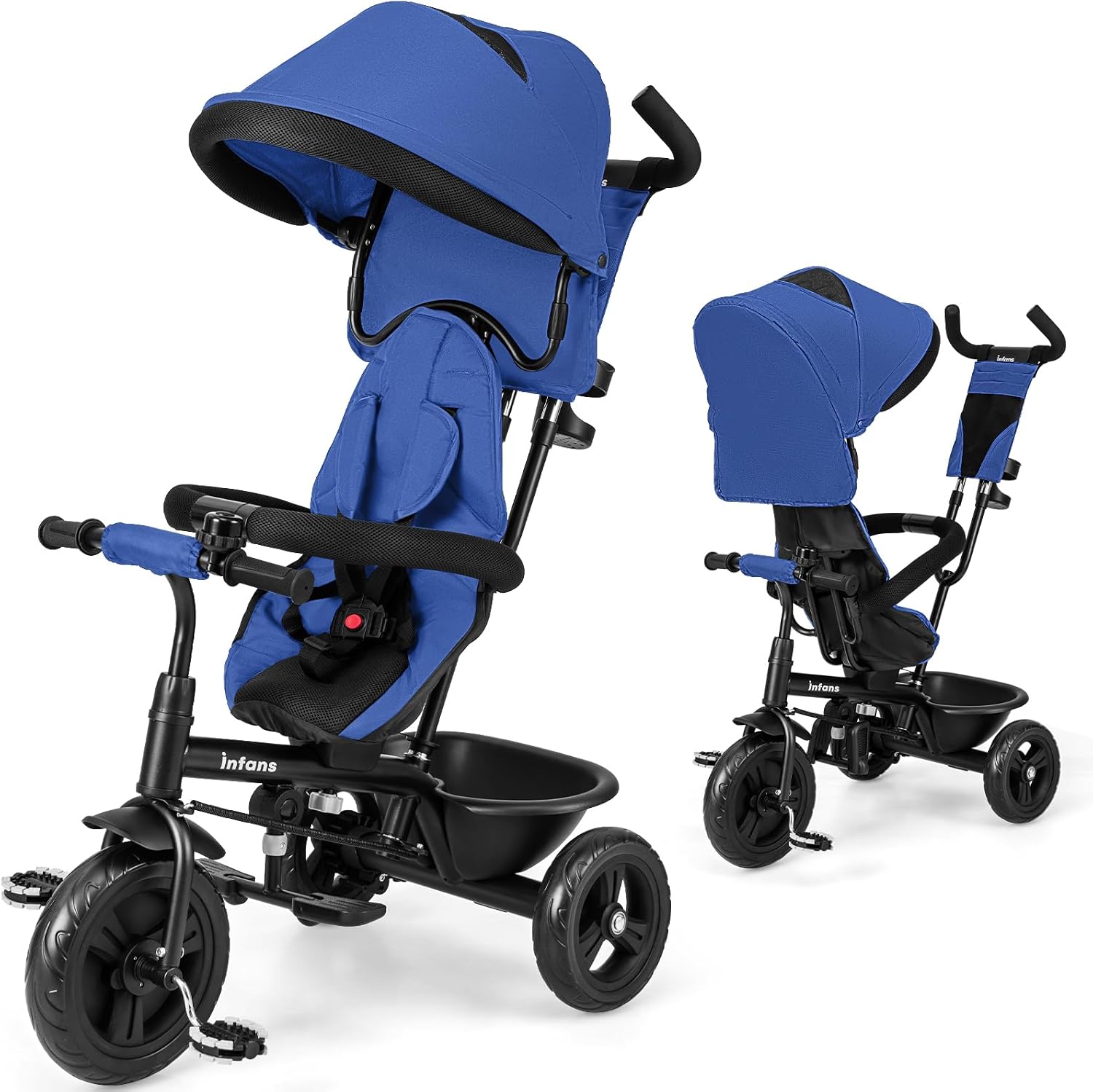 INFANS Kids Tricycle, 6 in 1 Stroll Trike with Adjustable Push Handle, Removable Canopy, Retractable Foot Plate, Lockable Pedal, Detachable Guardrail, Suitable for 10 Months to 5 Years (Blue)