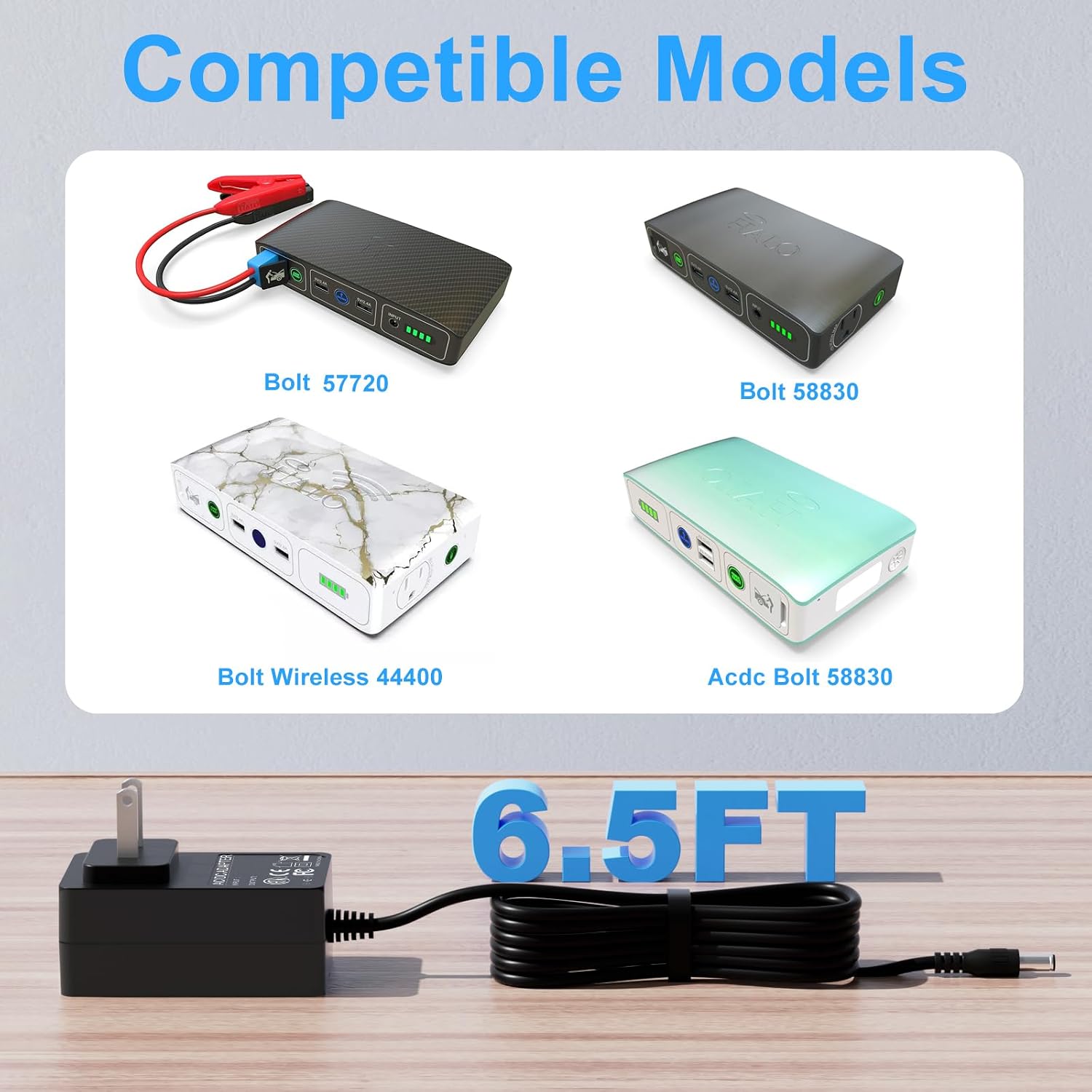 14V AC Adapter Compatible with Halo Bolt 57720, Bolt 58830, Power Cord for Bolt ACDC Wireless Car Jump Starter, 6.5ft