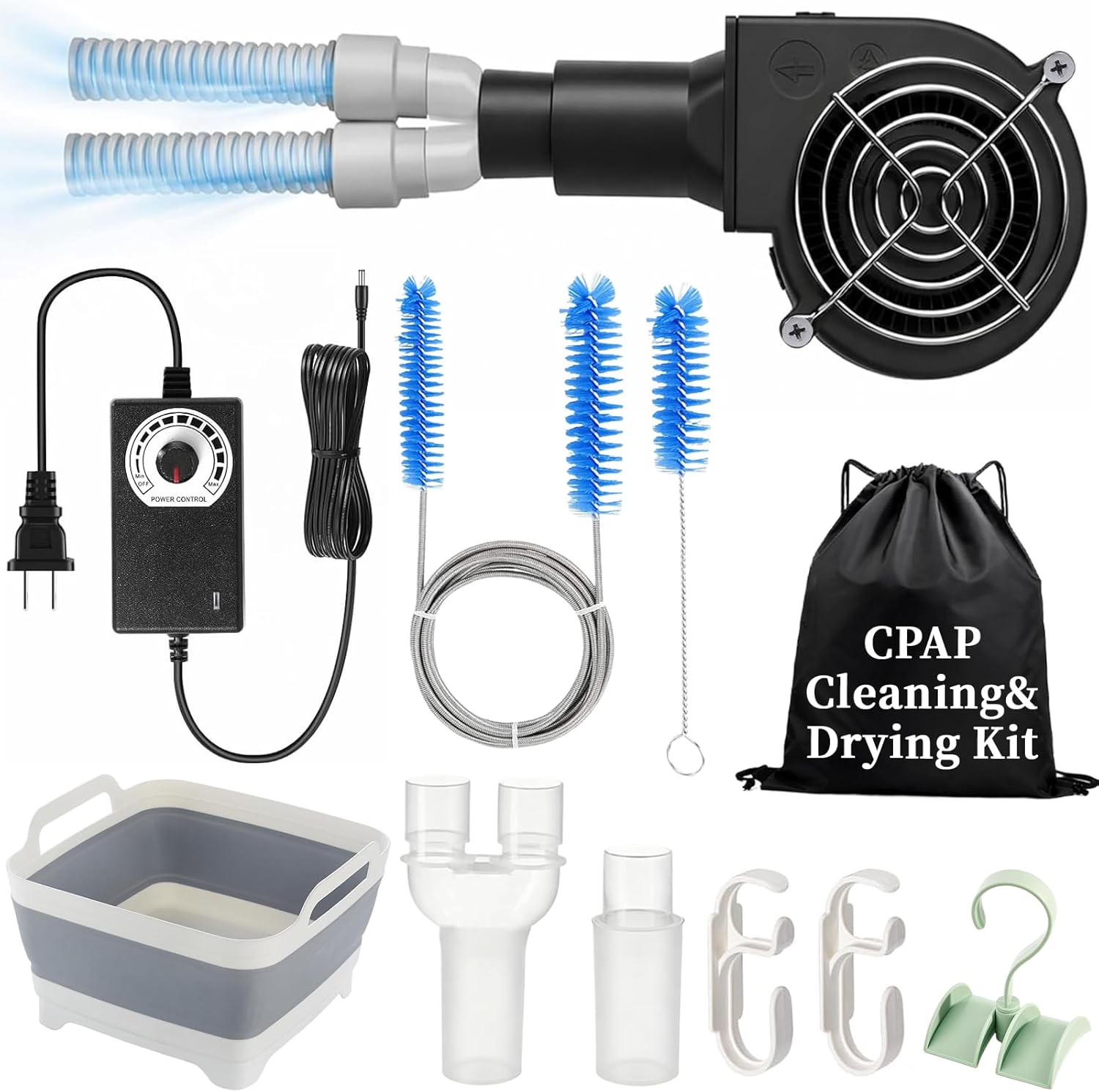 10 Pack CPAP Cleaning Kit with Speed-Adjustable Hose Dryer (for 22 mm &15 mm Tubing), Collapsible Wash Basin & 2 Hooks