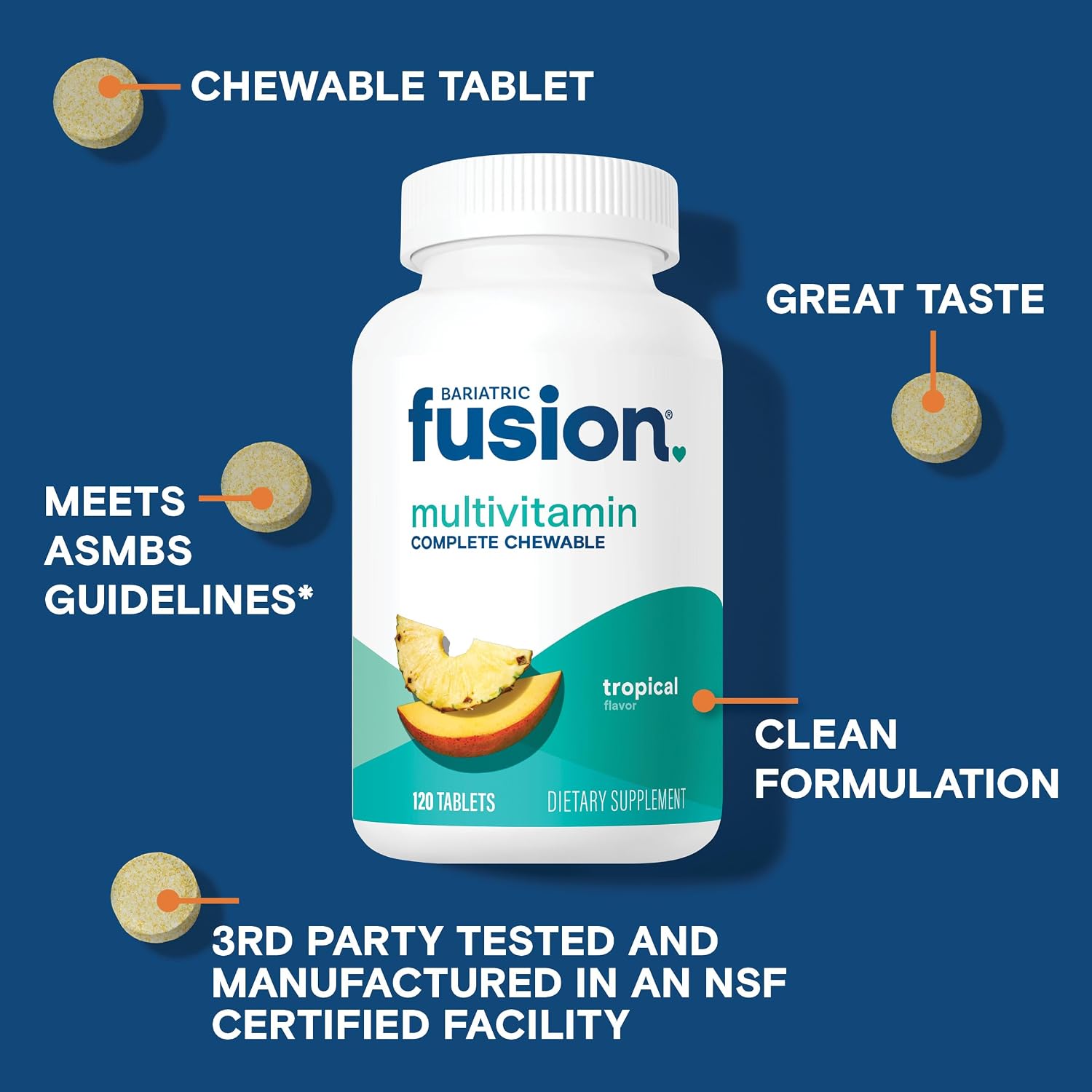 Bariatric Fusion Orange Cream Flavored Complete Chewable Bariatric Multivitamin with Iron for Bariatric Surgery Patients Including Gastric Bypass and Sleeve Gastrectomy - 120 Tablets