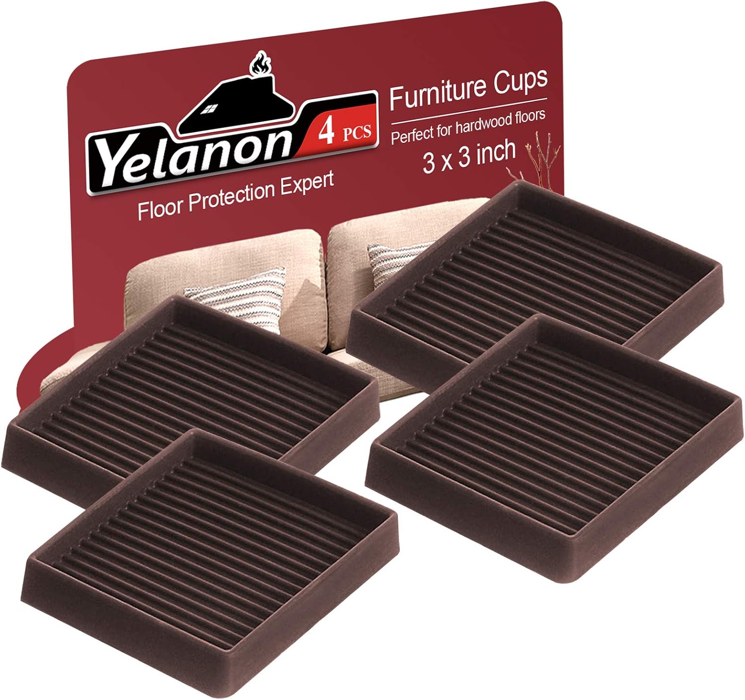 Yelanon Furniture Coasters 8 Pcs 3" Square Brown Caster Cups for Hardwood