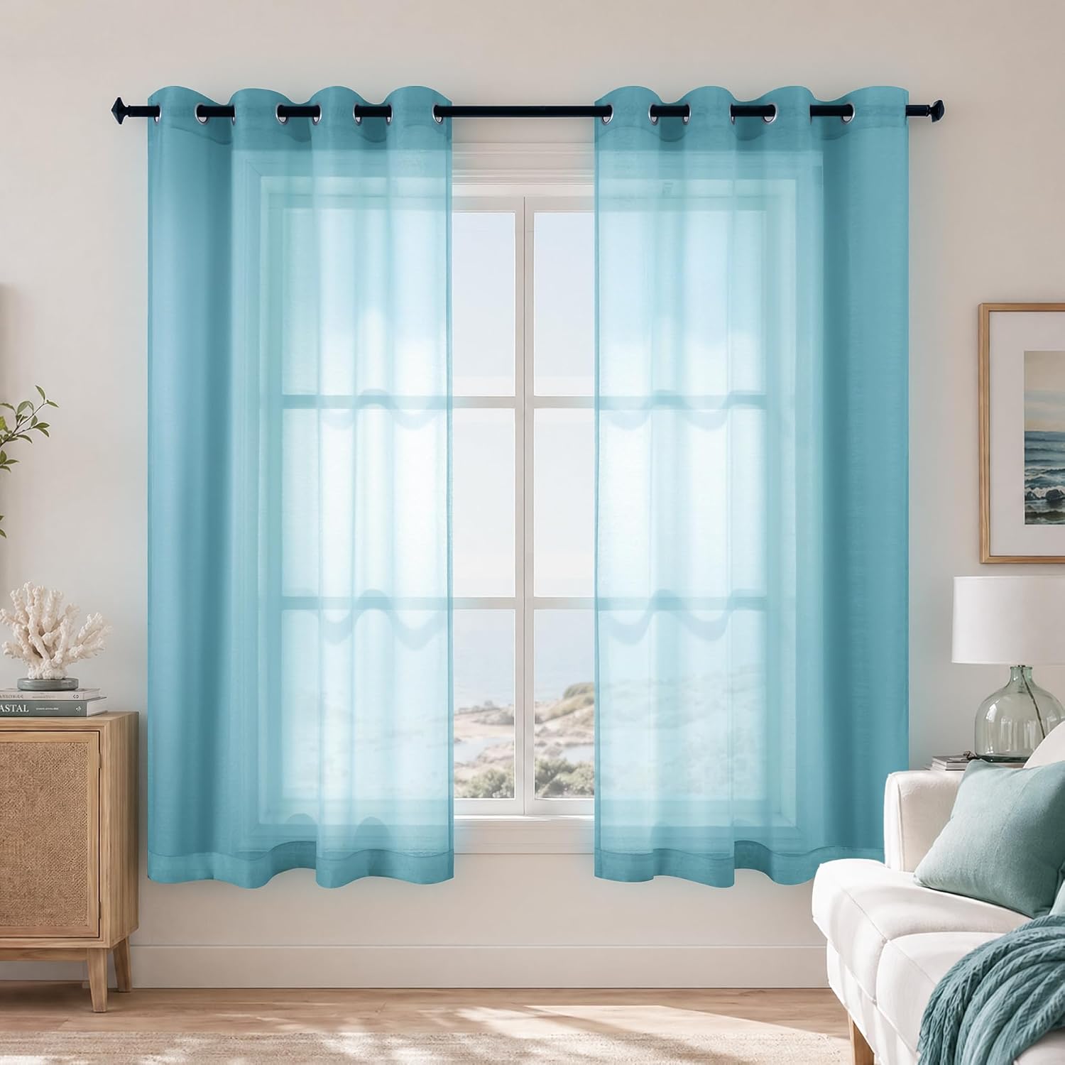 KOUFALL White Sheer Curtains 72 Inches Long for Bedroom Set of 2 Panels Grommet Faux Linen Window Voile Semi Baisc Decorative Sheer Curtains for