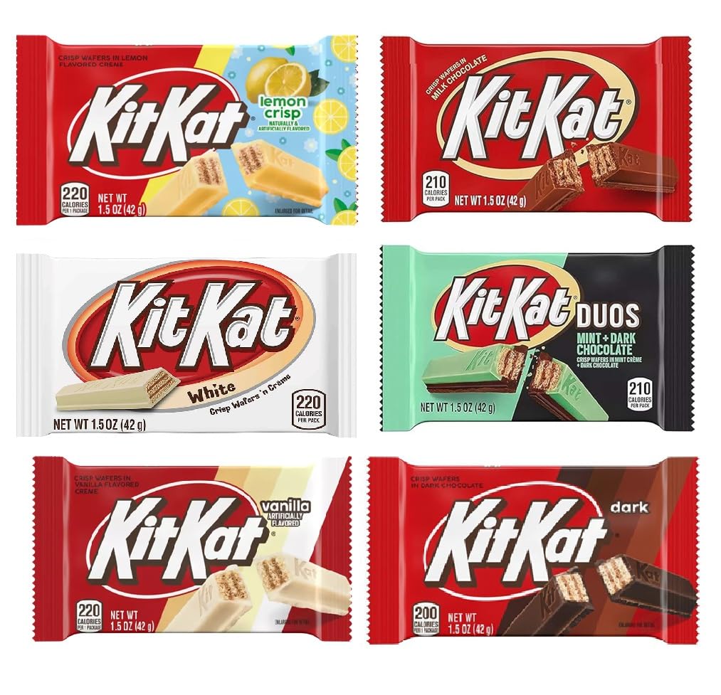 Hershey's KitKat 6 Bars Variety Assortment Mix Bundle Pack Chocolate Candy Singles - Milk - Dark- Mint - Mocha - Strawberry - Blueberry Muffin