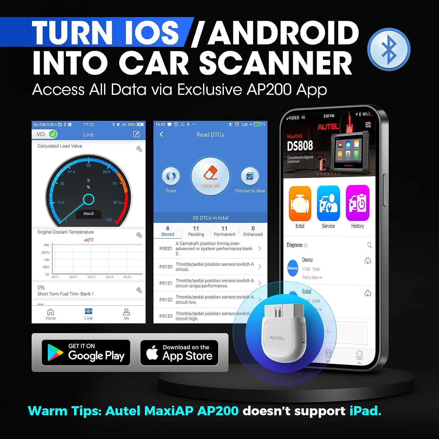 Autel MaxiAP AP200 OBD2 Scanner Bluetooth, Wireless OBD II Diagnostic Tool | Full System Diagnostics, 19 Reset Functions, AutoVIN