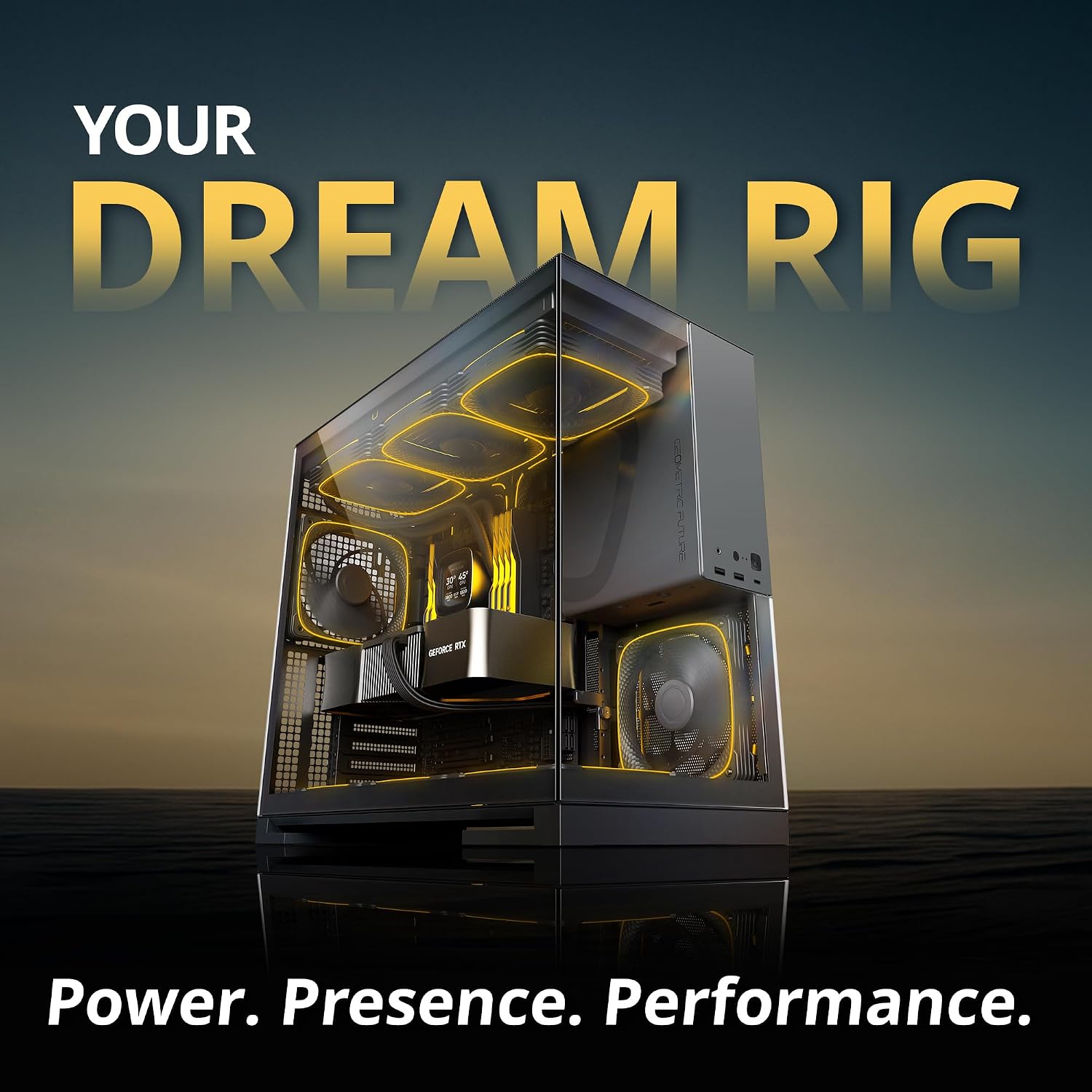 Geometric Future M5 Tempered Glass Mid Tower, E-ATX/ATX Gaming Case, 1.2mm Steel, Type C, Toolless Panels, Support 420/360 Radiator, ARGB PWM 140m Fan x 5 Pre-Installed, Black/Yellow, GEO-M5F-BY