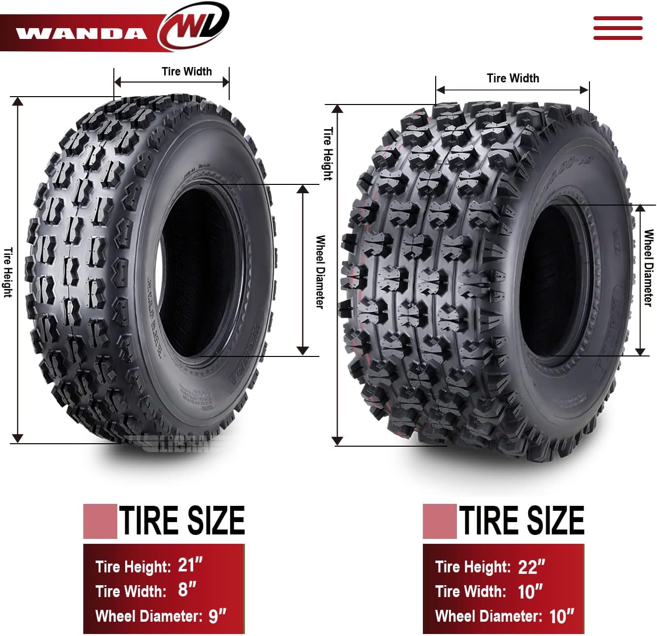 WANDA Sport ATV Tires Set 21x8-9 Front & 22x10-10 Rear /4PR GNCC Race Tires | Designed for Grand National Cross Country Series Race