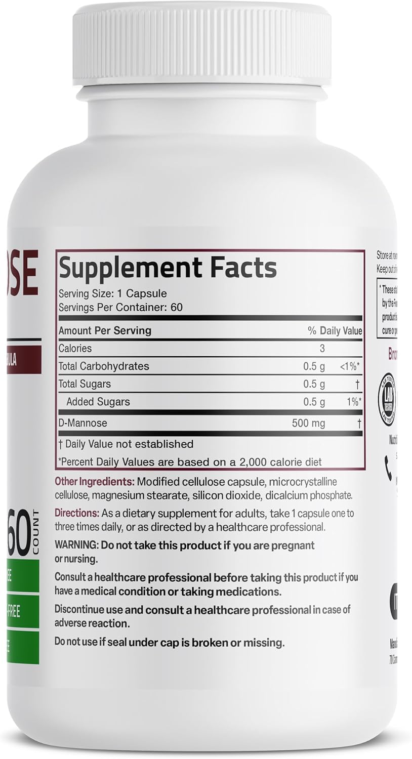 Bronson D-Mannose 500 MG Vegetarian Friendly Formula Non-GMO, 60 Capsules