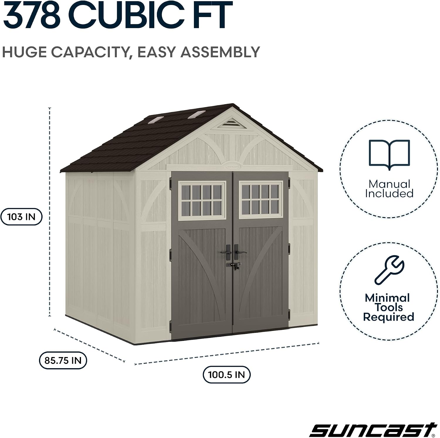 Suncast 8x7 Ft. Outdoor Storage Shed - Large Resin Shed with Floor, Lockable Double Doors