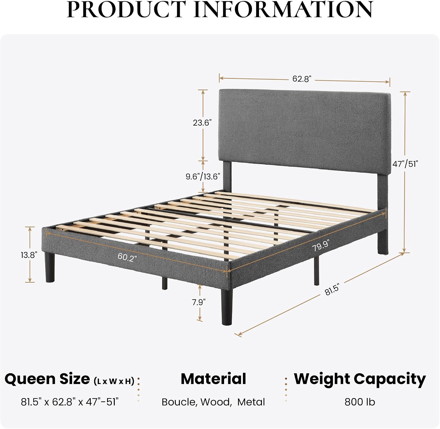 SHA CERLIN Boucle Upholstered Queen Size Bed Frame, White | Platform Bed with Adjustable Headboard, Wooden Slats Support, No Box Spring Needed, Noise-Free, Easy Assembly
