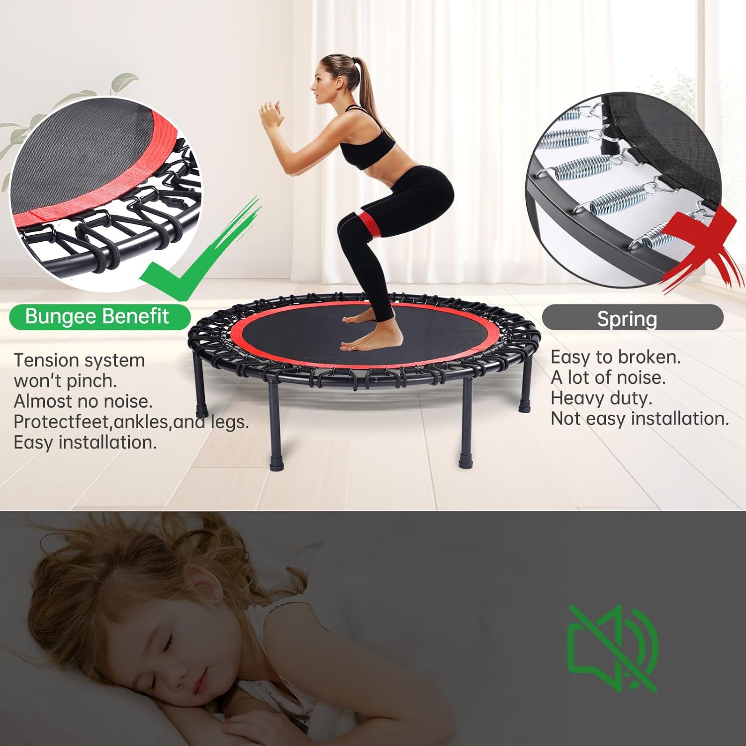 40" Mini Trampoline for Adults, Fitness Rebounder with Elastic Bands, Indoor Exercise Trampoline, Low Impact Workout Equipment for Home Gym