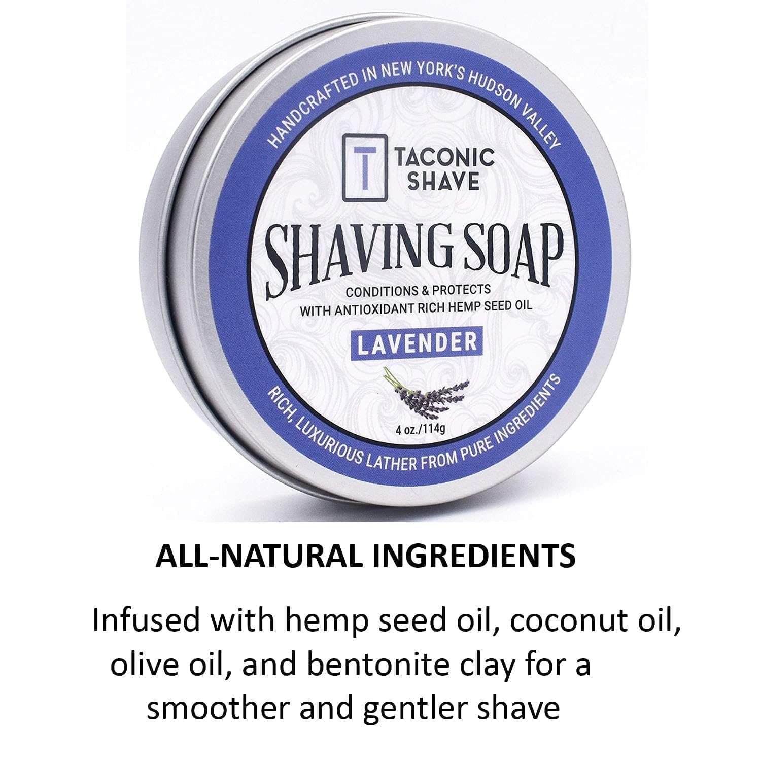 Taconic Lavender Natural Shaving Soap Puck, Rich Lather | Calming lavender aroma pairs with moisturizing natural oils to build rich protective lather for a comfortable wet shave.