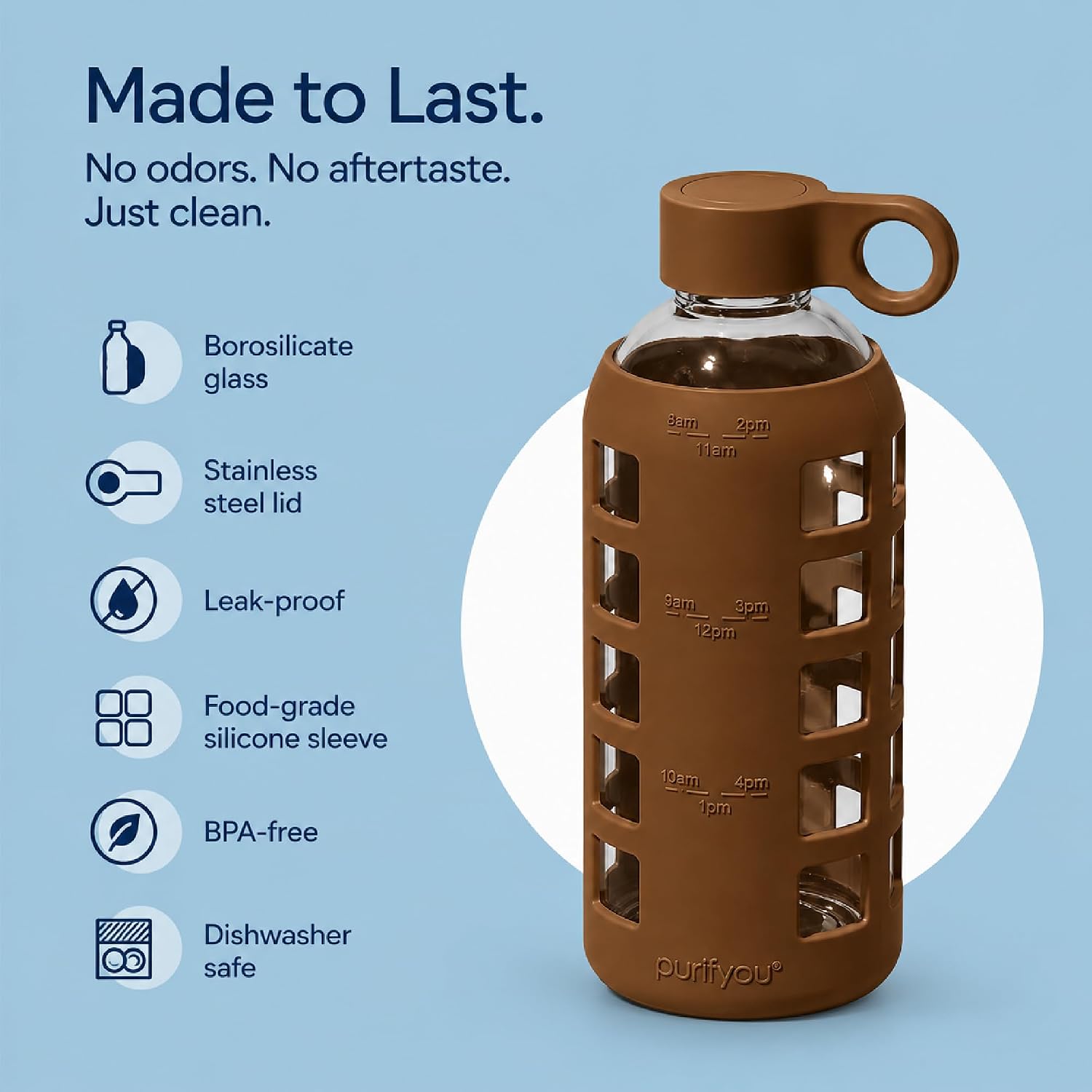 purifyou 40oz / 32oz / 22oz / 12oz Borosilicate Glass Water Bottle with Time & Volume Markers, Silicone Sleeve