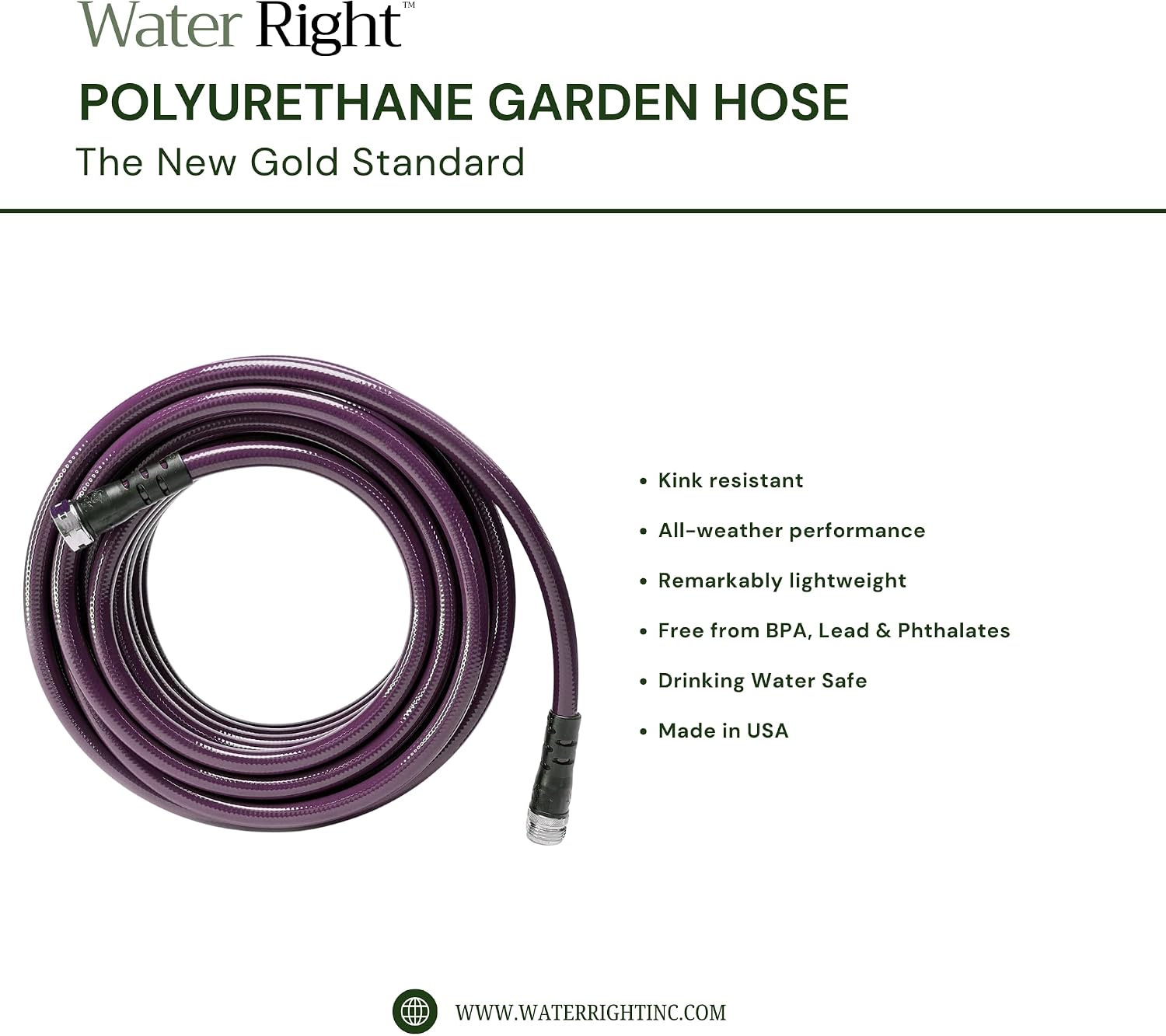 Water Right Polyurethane Garden Hose, 100 Ft, Non-toxic, 1/2” ID, Olive