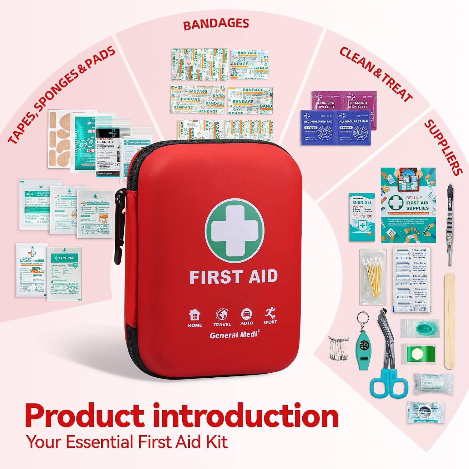 General Medi First Aid Kit - 170 Pieces Hard Case and Lightweight - Great for Travel, Home, Office, Vehicle, Camping, Workplace & Outdoor (Red)