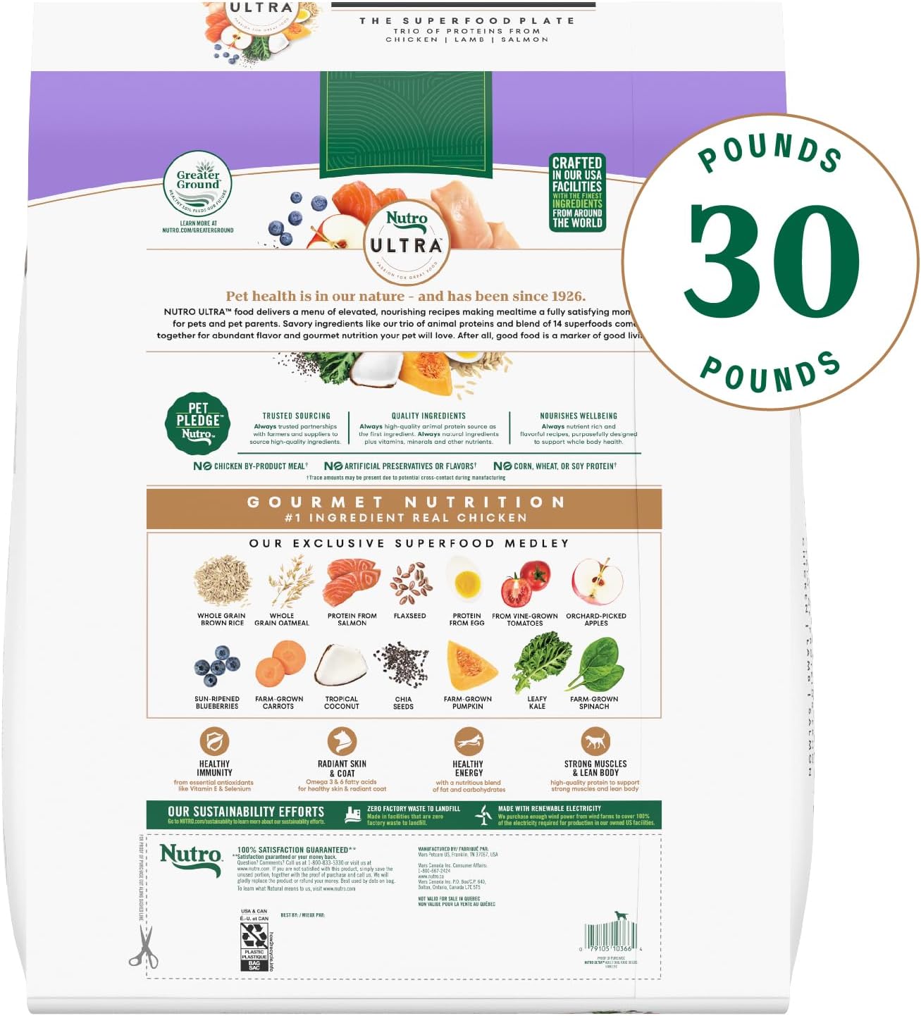 Nutro Ultra Dry Dog Food, Chicken, Lamb & Salmon Recipe, 30 lb | Trio of proteins, blend of 14 superfoods, omega 3 & 6 for radiant coat, antioxidants for immunity, natural fiber, non-GMO