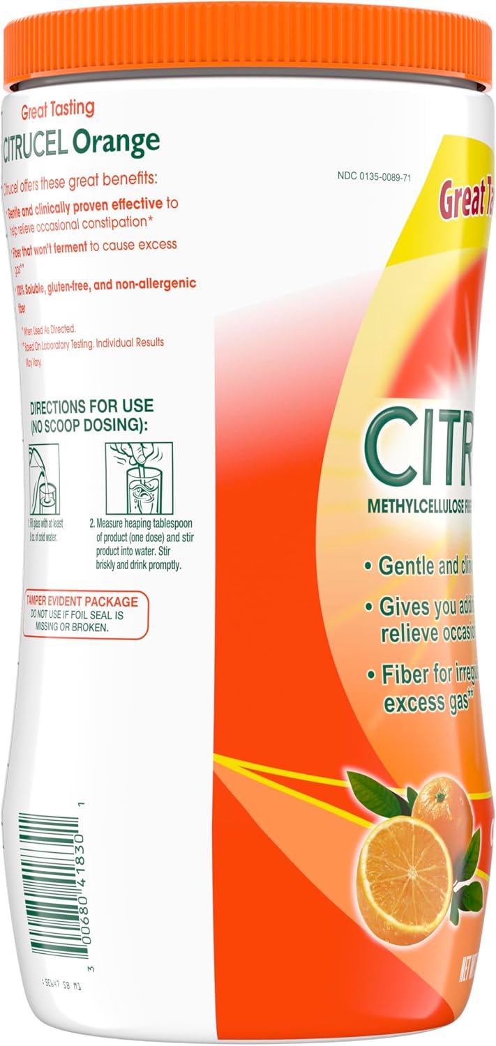 Citrucel Powder Fiber Therapy for Occasional Constipation Relief, 30 oz | Sugar Free, Methylcellulose Fiber Therapy for Irregularity That Won't Cause Gas, Orange Flavor