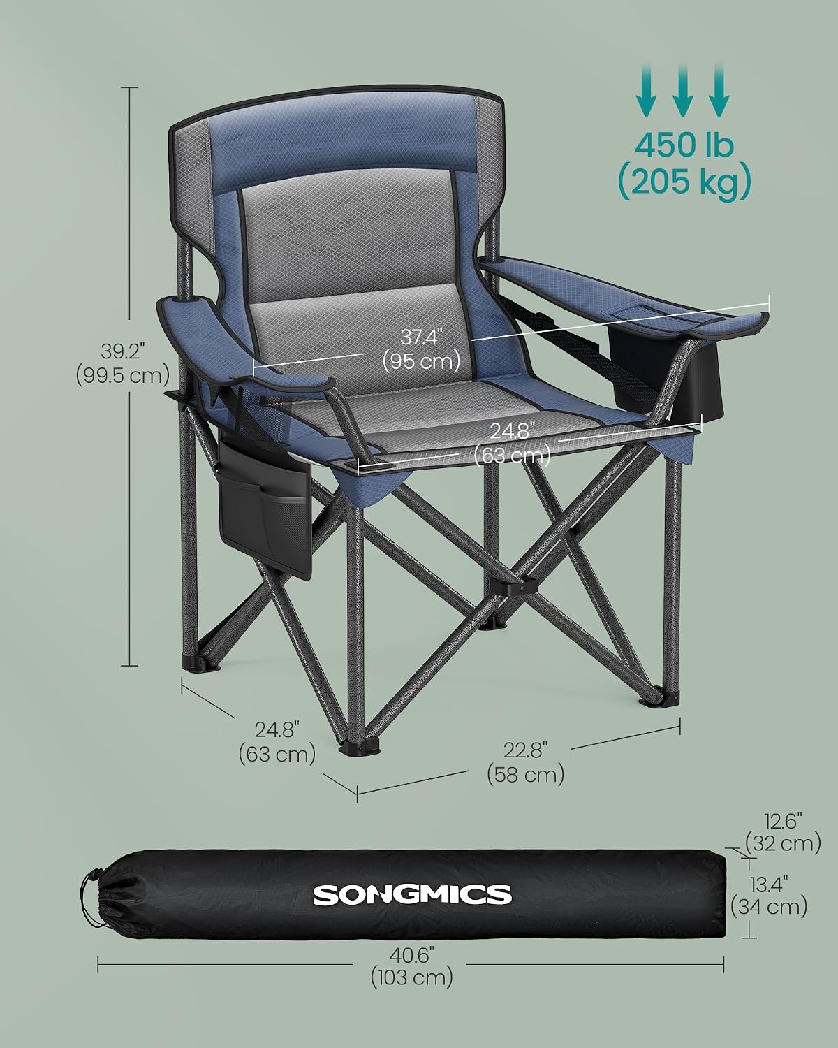 SONGMICS Folding Camping Chair, 450 lb Capacity | Folding lawn chair with cup holder and heavy-duty design, Ink Black, UGCB066B01