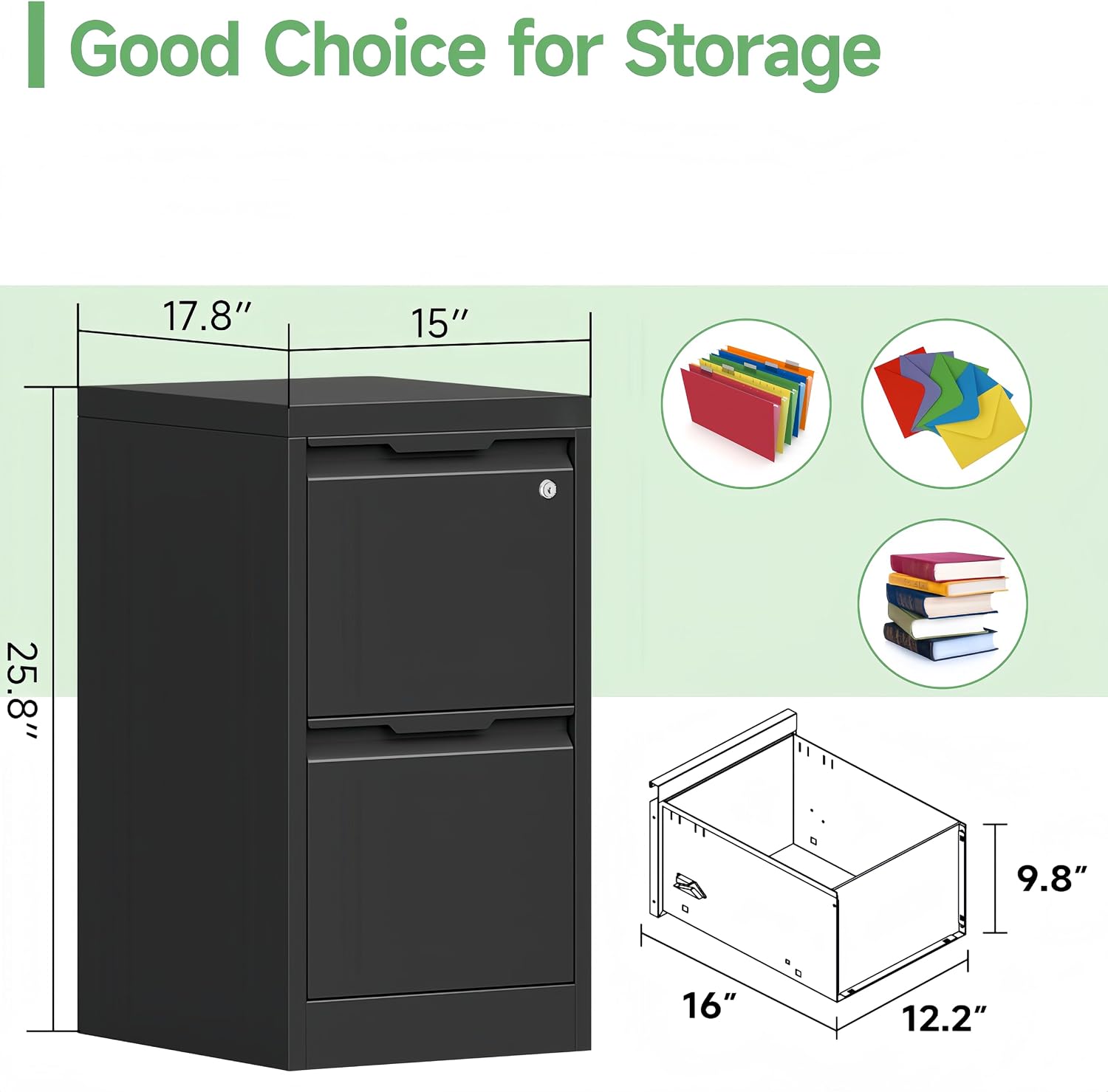 3 Drawer File Cabinet with Lock,Filing Cabinets for Home Office,Metal Small File Cabinet for Letters/Legal/A4 Size, Assembly Required,Black 3 Drawer-15 W