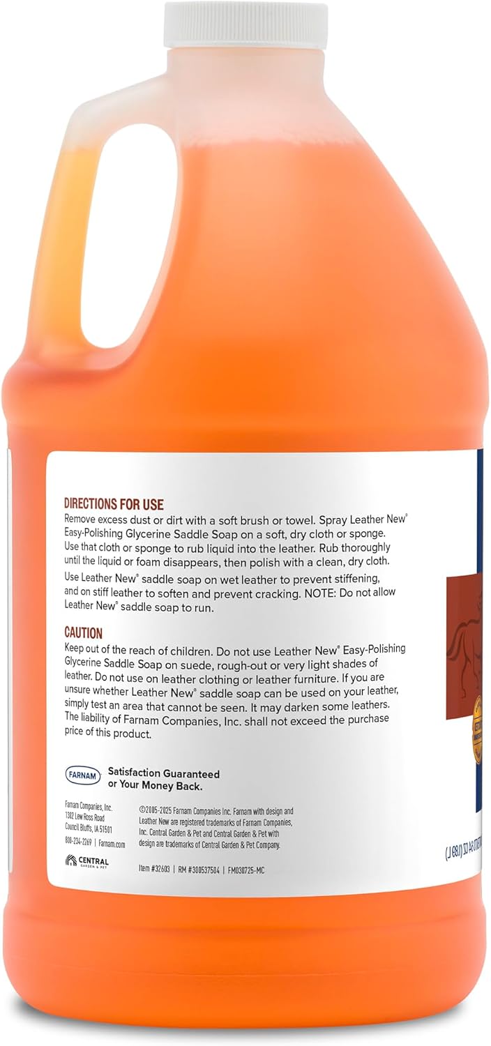 Farnam Leather New Easy-Polishing Glycerine Saddle & Leather Cleaner, 64 oz | Conditions Saddles and Leather Tack, Moisturizing