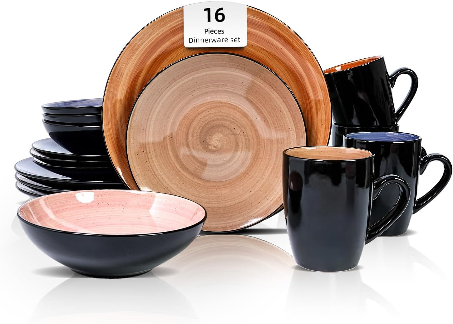 HomeVss, Sonoma Stoneware Dinnerware Set, Outside Black + Inside Hand Painting Color (16pc Set, Grey)