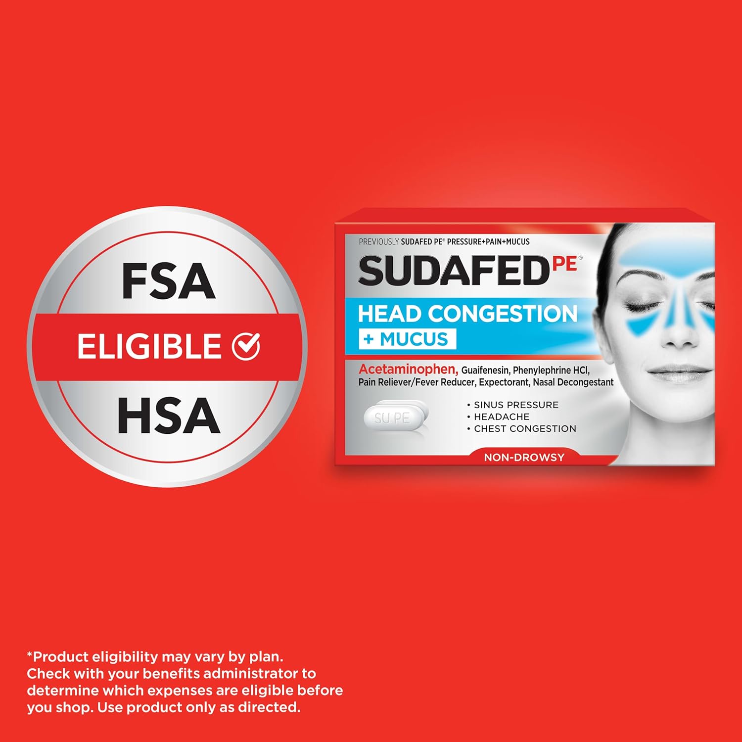 Sudafed PE Head Congestion + Mucus Relief Tablets, Non-Drowsy, 24 Ct | For Sinus Pressure, Congestion & Headache, Decongestant with Acetaminophen