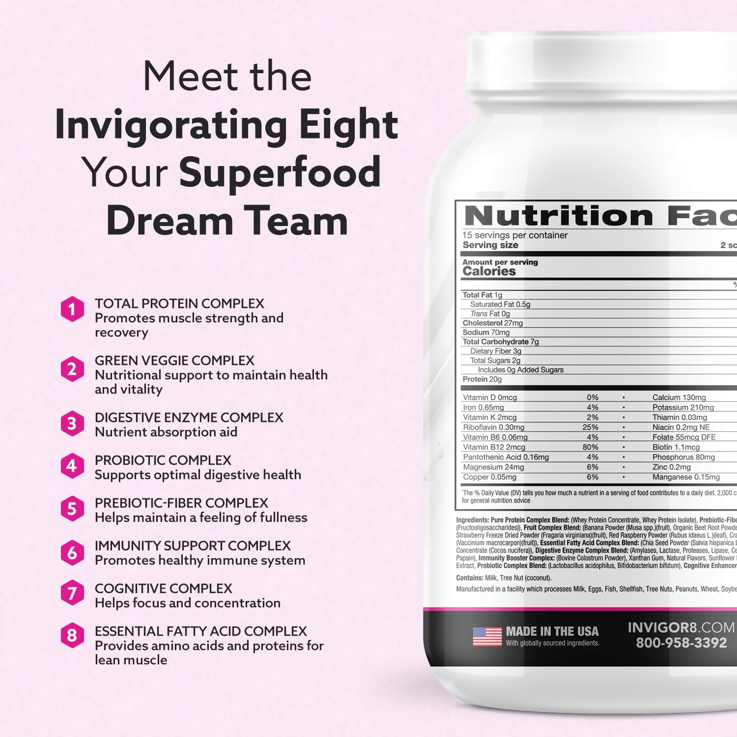 Superfood Grass Fed Whey Protein Isolate Shake Chocolate Brownie Gluten-Free and Non GMO Meal Replacement with Probiotics and Omega 3 (645g)