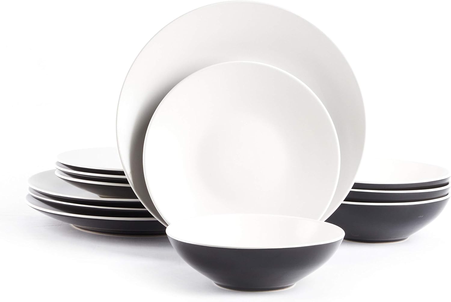 Stoneware Two-Tone Colors Life 16pc Dinner Set，Outside Shiny Black + Inside Matte Glaze Olive