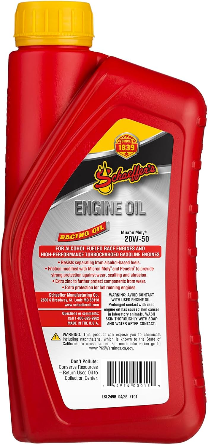 Schaeffer Manufacturing Co. 0191-012S Micron Moly Racing Engine Oil 20W-50, 1-Quart Bottle