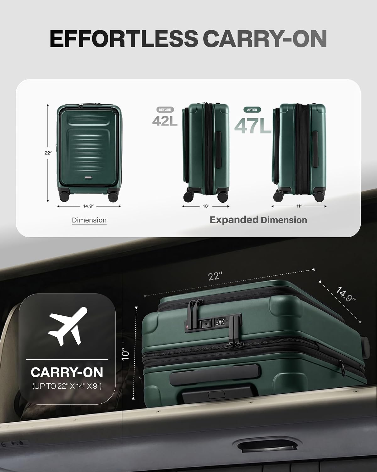 Coolife Expandable Luggage with TSA Lock Carry On Green | Front Pocket with Laptop Compartment,22x14x9 Airline Approved,Durable Hardshell Suitcases,Reinforced Bottom Groove