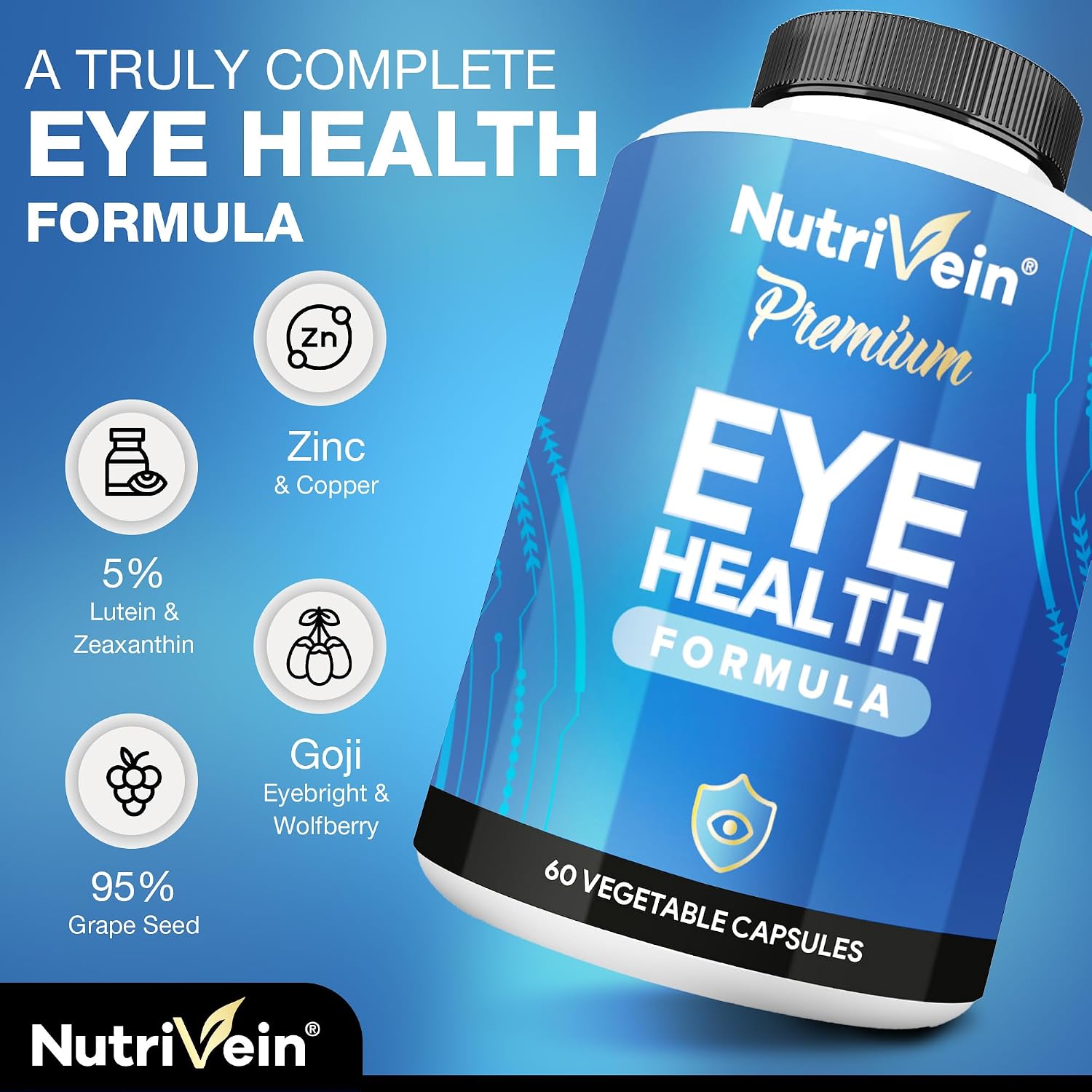 Nutrivein Lutein & Zeaxanthin Eye Vitamins with Eyebright - 60 Capsules