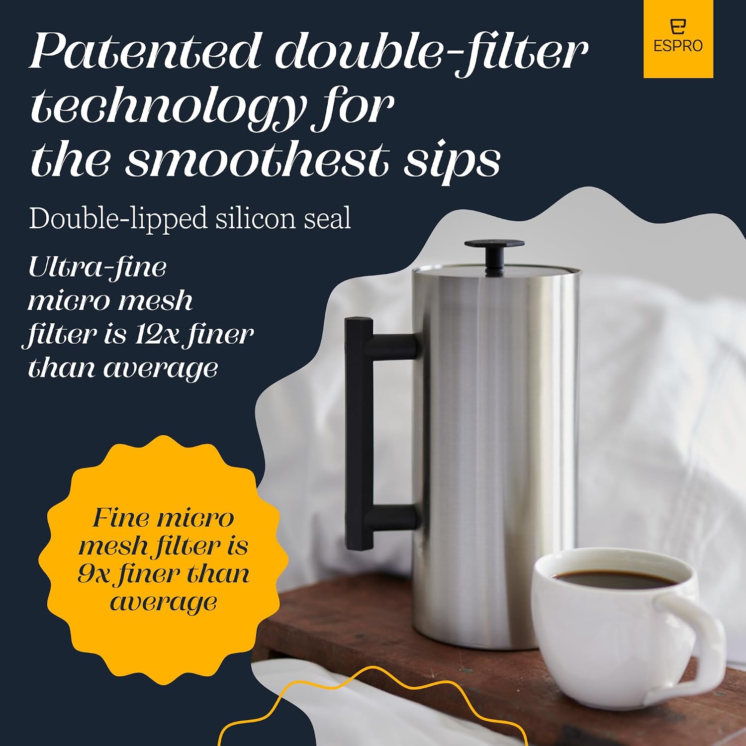 ESPRO P6 32 Ounces French Press Coffee Maker, Double Walled Stainless Steel Insulated, Brushed Stainless Steel