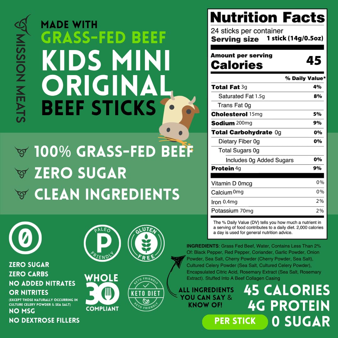 Mission Meats Kids Beef Sticks, Zero Sugar, Healthy Mini Snacks 0.5oz, 24ct | Healthy Back-to-School Snack, Great for Lunches & Sports, Top 9 Allergen Free, Individually Wrapped, Kid-Loved & Not Spicy