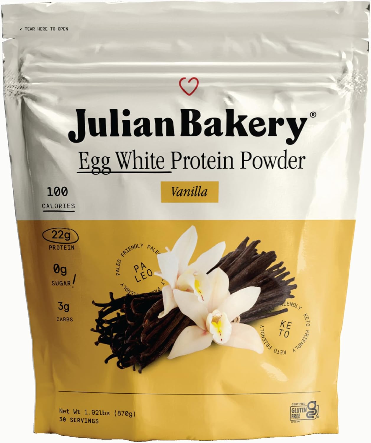 Julian Bakery Paleo Thin Protein Powder | Vanilla | Egg White | 21g Protein | 3 Net Carbs | Soy-Free | 1.92 LBS | 30 Servings