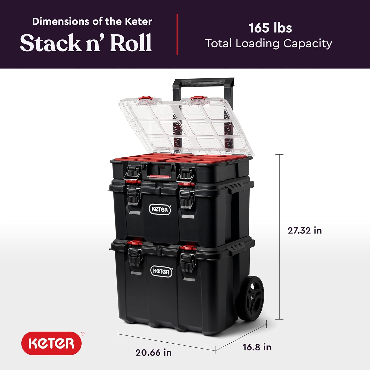Keter Masterloader Resin Rolling Tool Box with Locking System and Removable Bins – Perfect Organization and Storage Chest for Power Drill, Tape Measure, and Screwdriver Set, Black | Black, Heavy Duty, Weatherproof, All Terrain Wheels, Durable, Easy Slide…