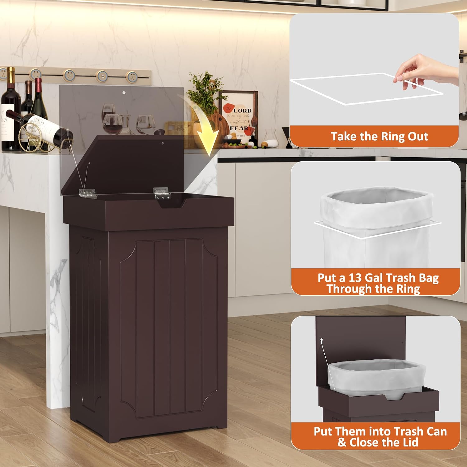 Function Home Trash Can Cabinet, 13 Gallon Kitchen Garbage Can, Wood Recycling Trash Bin, Freestanding Dog Proof Trash Can, Farmhouse Trash Cabinet with Lid for Home Kitchen Bathroom, Yellow