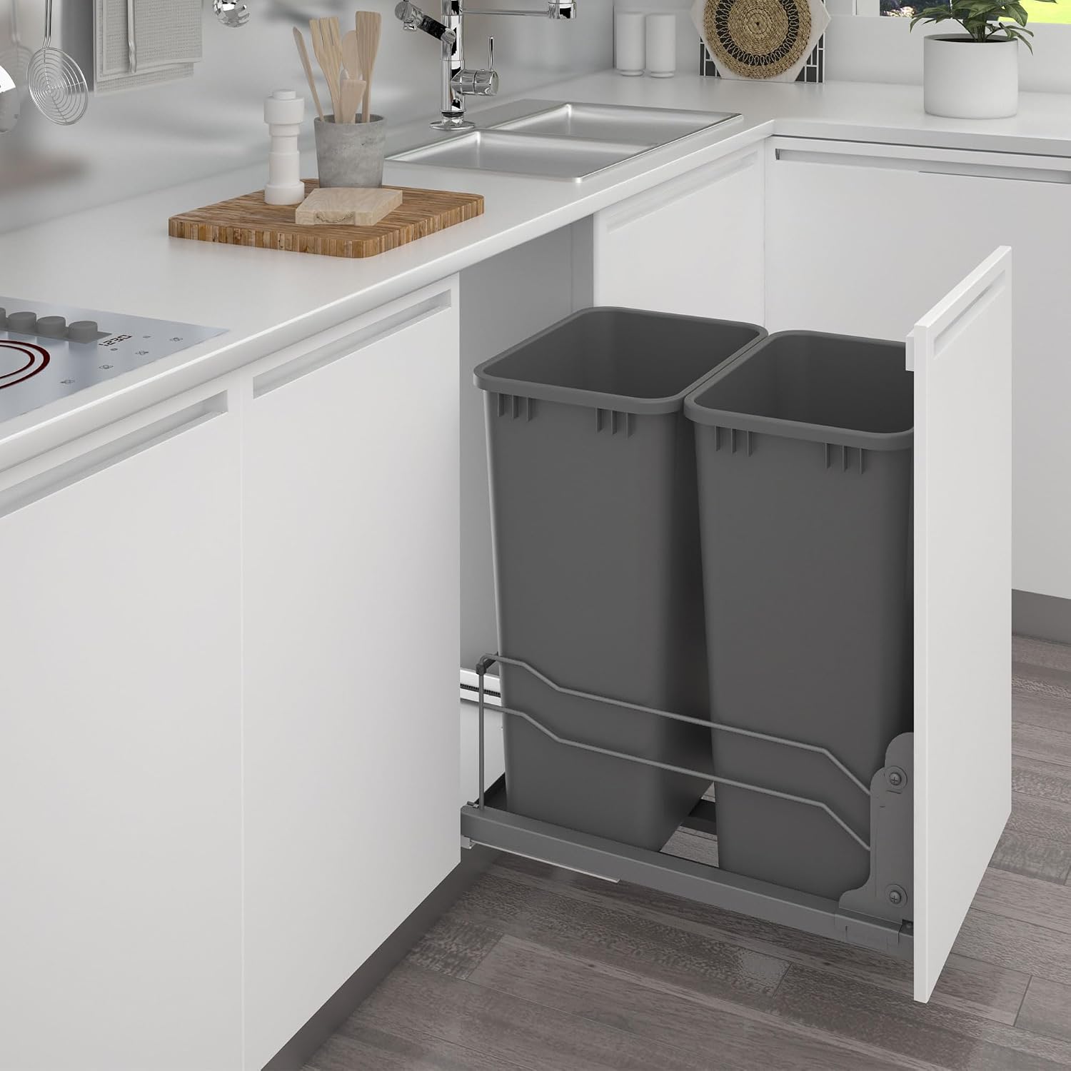 Rev-A-Shelf Double Pullout Trash Can w/Soft-Close Slides, 14.5" Min Opening | Large Capacity Garbage/ Recycling Bins for Full Height Kitchen Cabinets, Heavy Gauge Wire Construction, 53WC-2150SCDM-217
