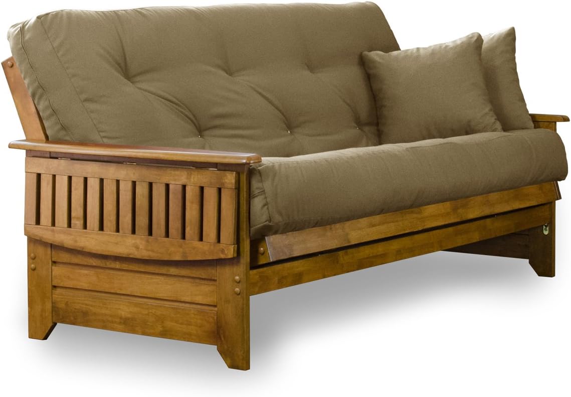 Brentwood Tray Arm Futon Sofabed Set - Queen Frame, 8" Microfiber Fudge Mattress, Heritage Finish
