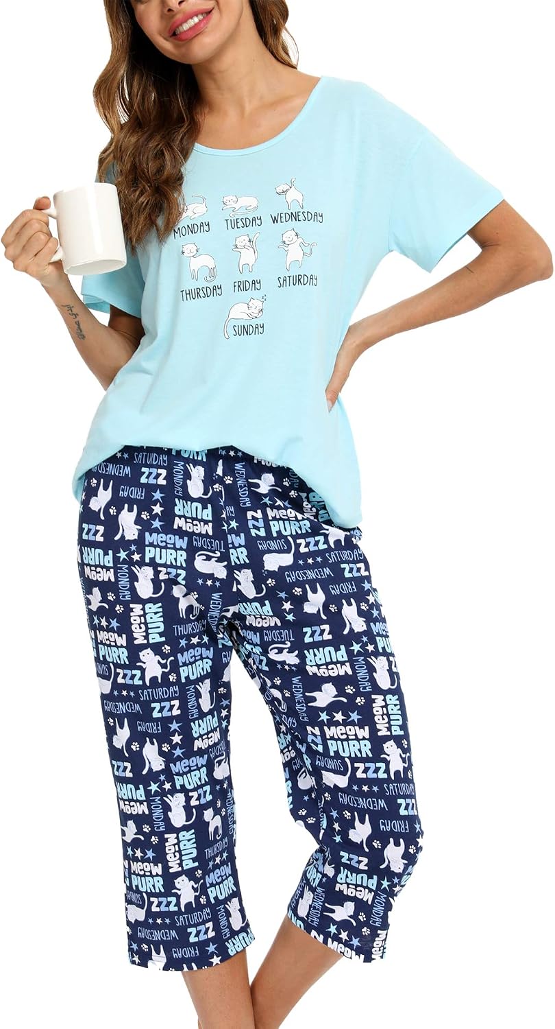 ENJOYNIGHT Womens Pajama Set Cotton Summer Pj Top with Capri Pant Sleepwear