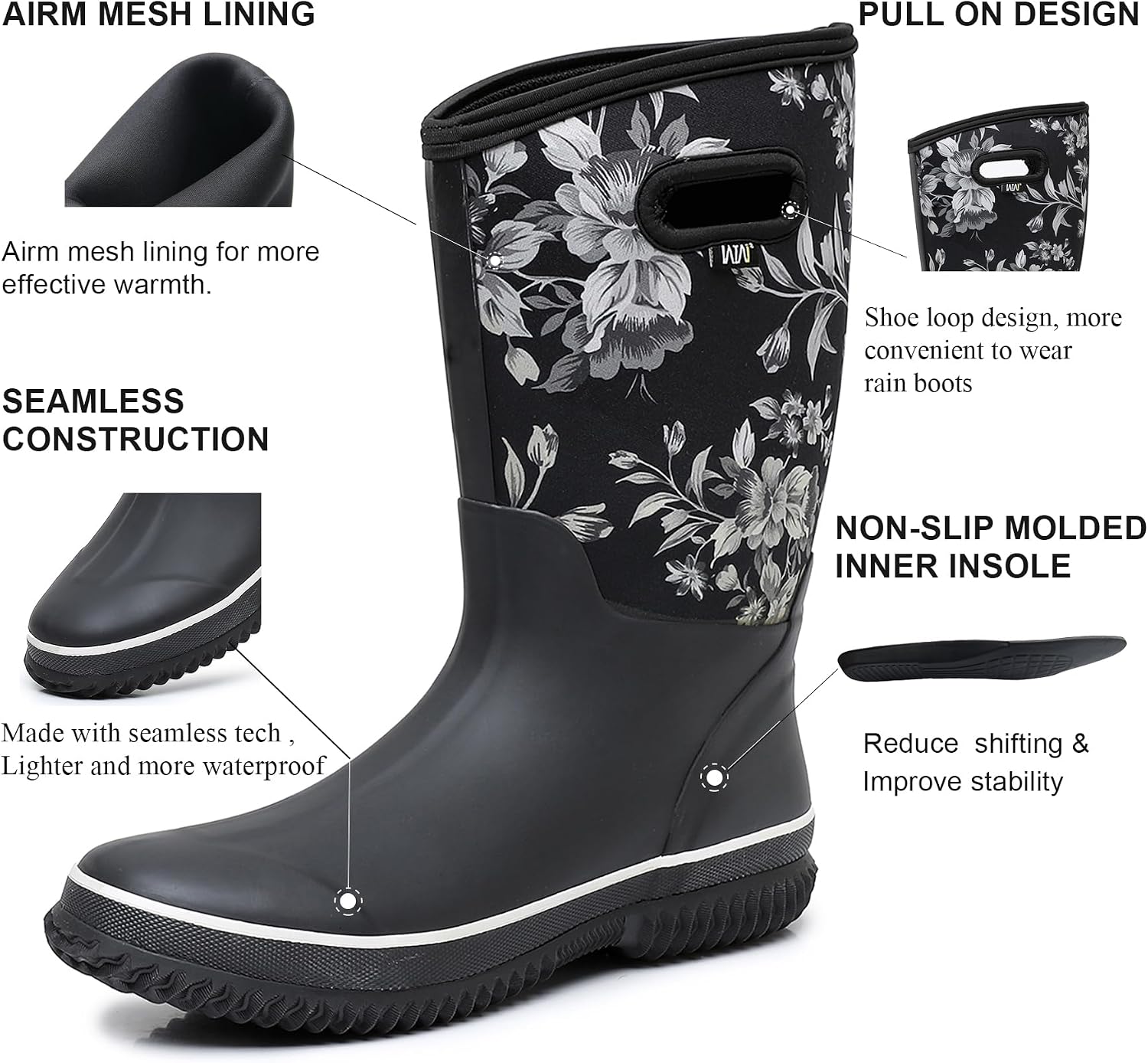 WTW Womens Mid Calf Rain Boots - Waterproof Insulated Neoprene Rubber Boots Mud Outdoor Hunting Garden Boots