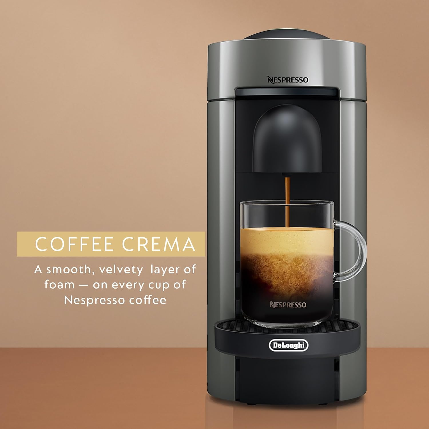 Nespresso Vertuo Plus Coffee & Espresso Maker by De'Longhi, Grey | Grey coffee machine that brews 4 cup sizes: 5 and 8 oz. coffee, plus single and double espresso, at the touch of a button.