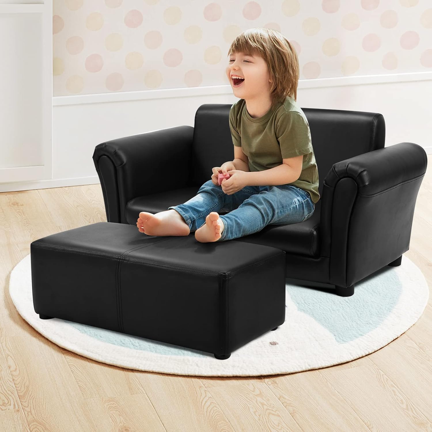 HONEY JOY Kids Sofa, 2 Seat Toddler Couch Lounge Bed with Ottoman, Sturdy Wood Construction