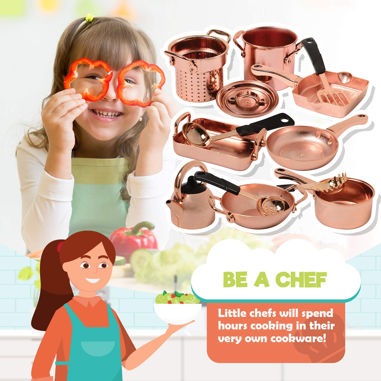 13 Piece Plastic Copper Look Cookware Set for Pretend Kitchen Play for Ages 3 Years and Up