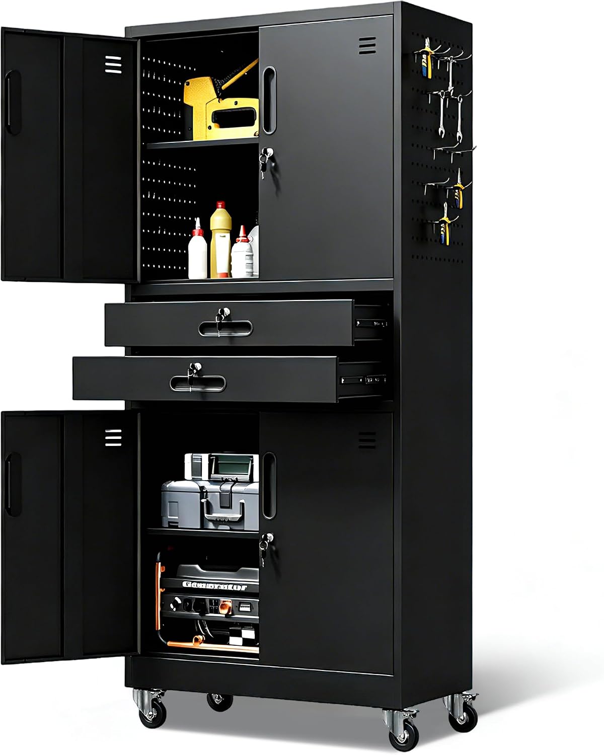 Metal Storage Cabinet for Garage, Tool Cabinet, Utility Cabinet | Wheeled, Rolling Tool Cabinet, 6 Drawers, Top Countertop, Pegboard, Assembly Required, Black